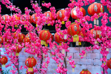 Decorative red lantern decoration for Chinese New Year Festival At night with the Chinese alphabet...