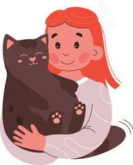 Cute cartoon girl cuddle black cat flat icon