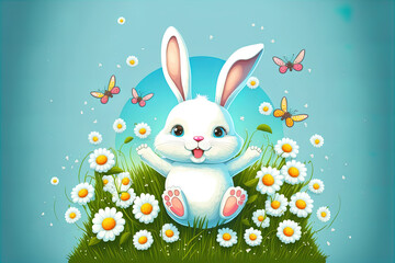 Cute cartoon happy bunny on blue sky and green meadow grass with daisy background. Adorable rabbit for easter spring holiday design. AI generated illustration 3d 