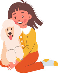 Happy cartoon girl cuddle corgi puppy flat icon