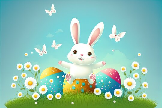 Cute cartoon happy bunny with colored eggs on blue sky and green meadow grass with daisy background. Adorable rabbit for easter spring holiday design. AI generated illustration 3d 