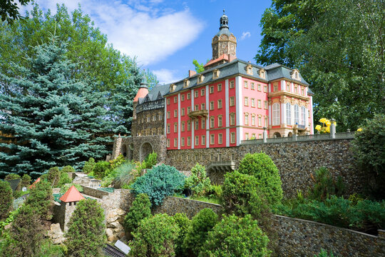 Model of Baroque style Ksiaz castle in Walbrzych in Miniature Park in Kowary, Poland. Ksiaz is third the biggest castle in Poland