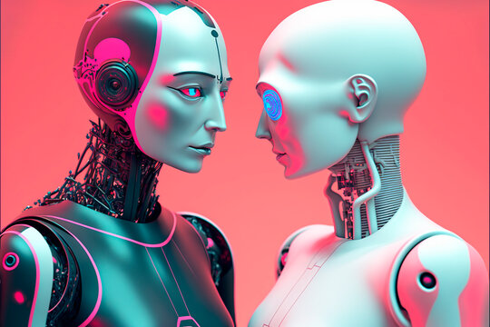 two AI robots looking at each other, artificial intelligence love, machine loving. AI generative content