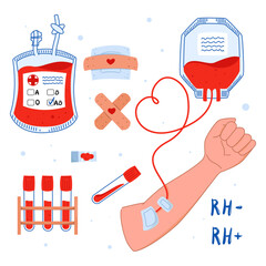 Blood transfusion, donate blood save life, donate blood for sharing love, blood donation vector. Hematology icons set. Donate Blood, Health Care Concept. World Blood Donor Day 