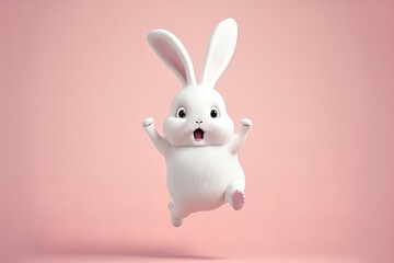 Cute cartoon AI generated happy bunny character jumping on pink background. Adorable rabbit for easter spring holiday design. 3d render illustration