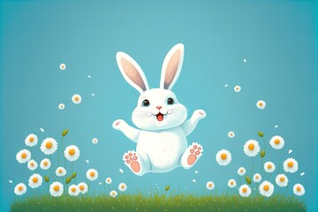 Cute cartoon AI generated happy bunny jumping sky and green meadow grass with daisy background. Adorable rabbit for easter spring holiday design. 3d render illustration