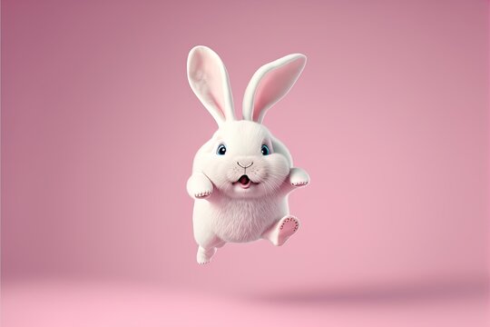 Cute cartoon AI generated happy bunny character jumping on pink background. Adorable rabbit for easter spring holiday design. 3d render illustration