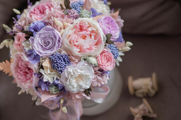 Preserved flower arrangement. Flower box Roses, Hydrangea, Peony Rose in pink colors. Flowers for girl, for mother's day, valentine's day, Woman's day 8 march.