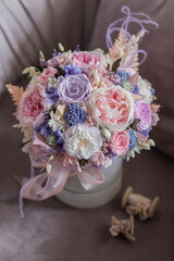 Preserved flower arrangement. Flower box Roses, Hydrangea, Peony Rose in pink colors. Flowers for girl, for mother's day, valentine's day, Woman's day 8 march.