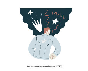 Mental disorders illustration. PTSD - modern flat vector illustration of a man meeting with traumatic stress experience - burst, explosion. People emotional, psychological, mental traumas concept