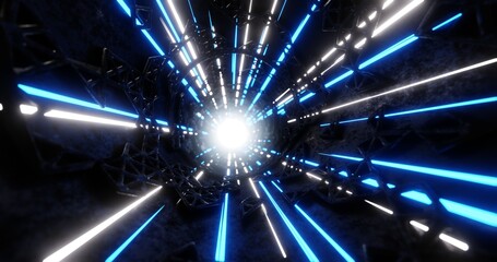 Particles, electrons, photons in an accelerator, hadron collider or synchrophasotron, conceptual science fiction illustration, 3d rendering