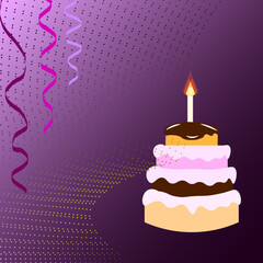 a birthday cake with one burning candle. Three serpentine ribbons hang in the corner.