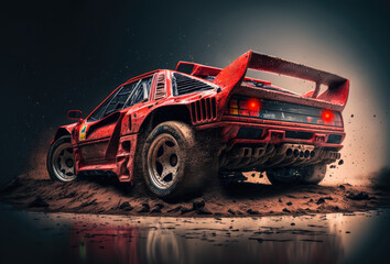 Obraz na płótnie Canvas Retro red customized sports car rear view on muddy offroad terrain with copy space, generative ai