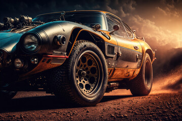 Retro 1970s customized sports car on muddy offroad terrain with copy space, close up of wheel, generative ai