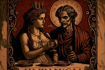 Tarot card style of a male and female drinking wine