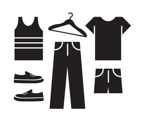 Mens clothing black and white icons. Flat vector isolated on white. Tank top, shoes, pants, t-shirt, shorts, clothes hanger.