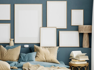 Gallery wall mockup, Frame mockup in modern bedroom interior, 3d render