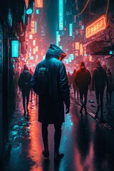 Fototapeta na wymiar Illustration of people walking down a street at night full of neon, cyberpunk image, generative ia image.