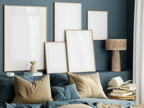 Gallery wall mockup, Frame mockup in modern bedroom interior, 3d render