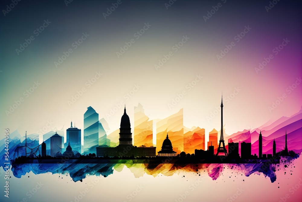 Poster washington, dc skyline with translucent layers and gradient landmarks generative ai