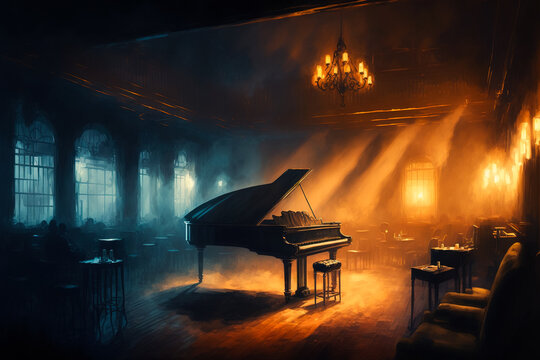 Piano on stage waiting for pianist, generative ai