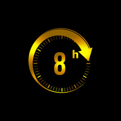 8 hours icon. 8 Hour Time Icon. Golden color. Clock with arrow. vector illustration