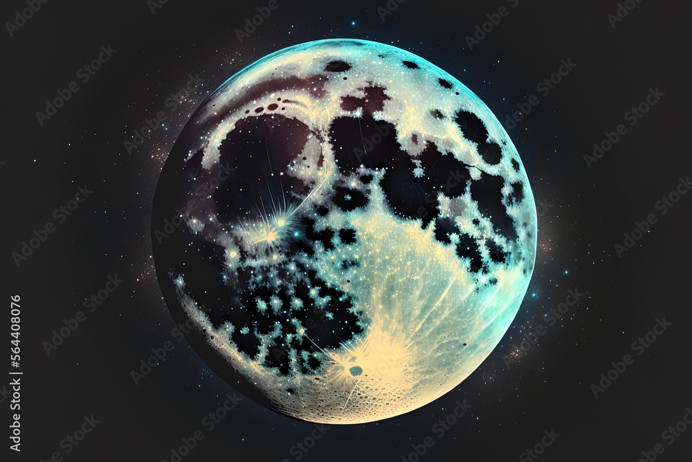 Poster depiction of the full moon orbiting the stars from close range generative ai