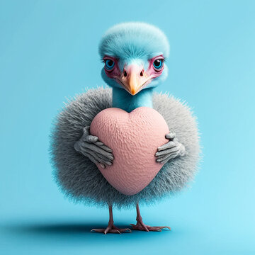 Poussin tenant un c&oelig;ur en peluche rose - Generative IA
