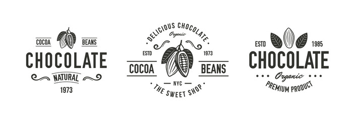 Obraz premium Chocolate logo set. 3 chocolate emblems with cocoa beans icons. Cocoa Beans, Cacao emblems templates. Vector illustration