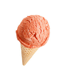 Cherry ice cream scoops with cone isolated on white background