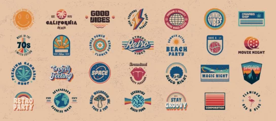 Foto auf Acrylglas Cartoon-Autos Vector set of signs and logos in Retro Groovy. Retro 70s logos for t-shirt, tee, typography design. 28 colorful hippie logo designs.