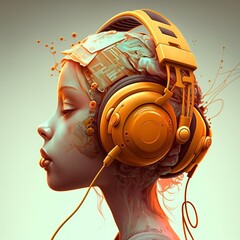 Illustration ia of the profile face of a girl of the future listening to headphones - obrazy, fototapety, plakaty