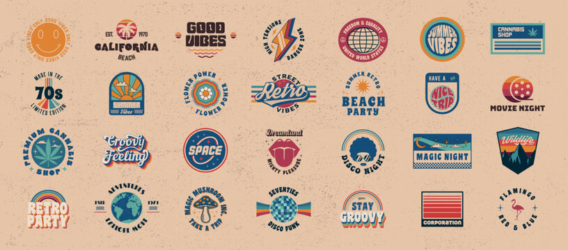 Vector set of signs and logos in Retro Groovy. Retro 70s logos for t-shirt, tee, typography design. 28 colorful hippie logo designs.