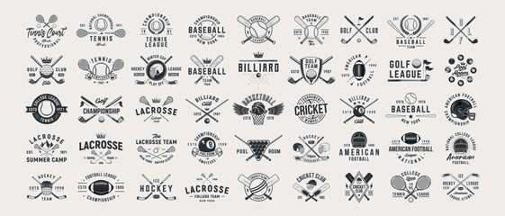 Vector set of signs and logos of Sport.  Hockey, American Football, Baseball, Billiard, Tennis, Cricket, Golf, Basketball, Lacrosse. Print for t-shirt. 45 sport logo designs.	