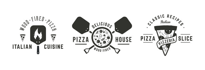 Pizza logo set. 3 Pizza emblems with Pizza, Shovel, fire icons. Pizza, Bakery, Pizzeria and Restaurant emblems templates. Vector illustration