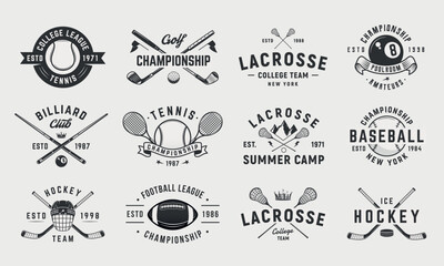 Sport vintage logo set. Set of 12 sport logo templates. Trendy emblems, labels, posters. Vintage graphics for Tennis, Billiards, Baseball, Football, Lacrosse, Hockey, golf. Vector illustration