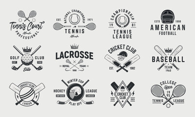 Sport vintage logo set. Set of 12 sport logo templates. Trendy emblems, labels, posters. Vintage graphics for Tennis, Billiards, Baseball, Football, Lacrosse, Hockey, golf. Vector illustration