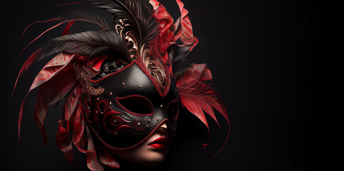 Venetian mask woman beautiful face black and red dark mistery fantasy masquerade banner copy space dark illustration. Generative AI - obrazy, fototapety, plakaty