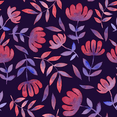 Design with floral seamless watercolor pattern. Hand-drawn blue-red leaves and flowers on a dark purple background. Plant themes. Great for scrapbooking, packaging, textiles