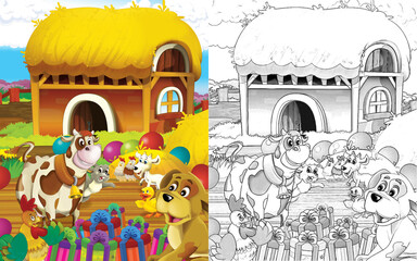 cartoon scene with cow having fun on the farm on white background - illustration for children