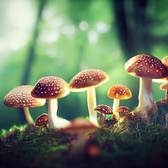 The fly agaric mushroom grows in the forest. The fly agaric mushroom grows in the forest. AI-generated