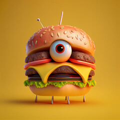 Modern 3D burger with human eyes, mouth and legs in yellow background