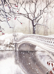 Park in snow with watercolors; white bridge over river with columns and vases.