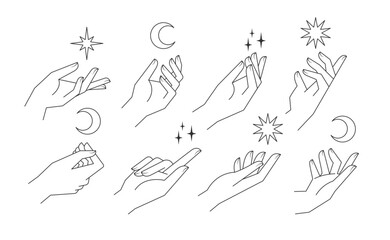 Aesthetic hands vector linear illustrations. Stylized elegant hand drawings with different gestures.