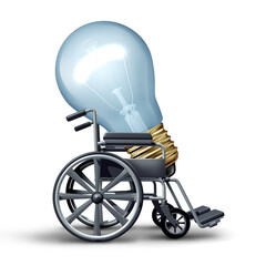 Rehabilitation Ideas and accessibility or Elderly care concept as a symbol for physical disabilities or impairments solution as a wheel chair or wheelchair carrying a lightbulb