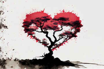 Heart shaped artwor in japanese sumi-e style, watercolor white background