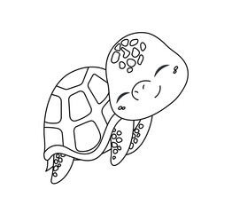Turtle line silhouette. Poster or banner for website. Baby animal swims, toy or mascot for children. Tropic and exotic, summer season metaphor. Cartoon flat vector illustration