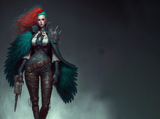 Beautiful and sexy woman as gunslinger, copy space, awe angel of the death, fantasy character for your role playing or board games. Generative ai.