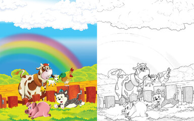 cartoon scene with cow having fun on the farm on white background - illustration for children