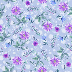 Pastel purple and blue flowers seamless pattern
